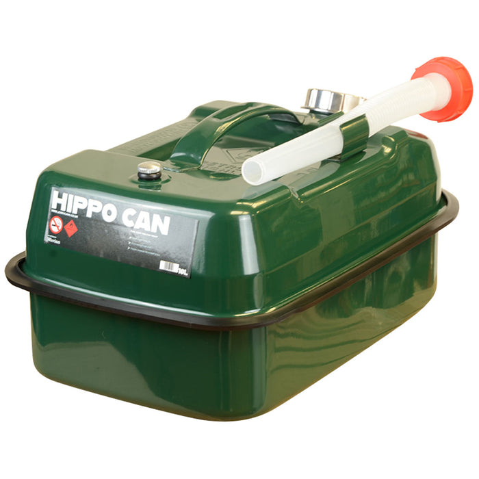 rear angle of green wavian 10l hippo steel fuel can