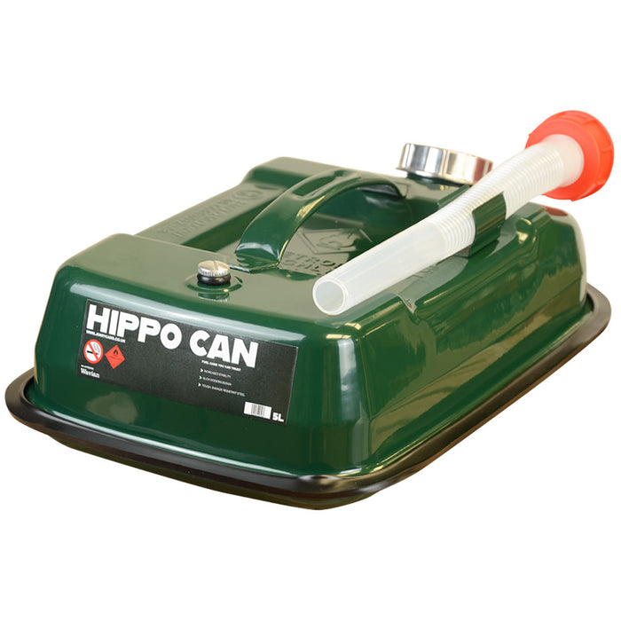 rear angle of green wavian 5l hippo steel fuel can